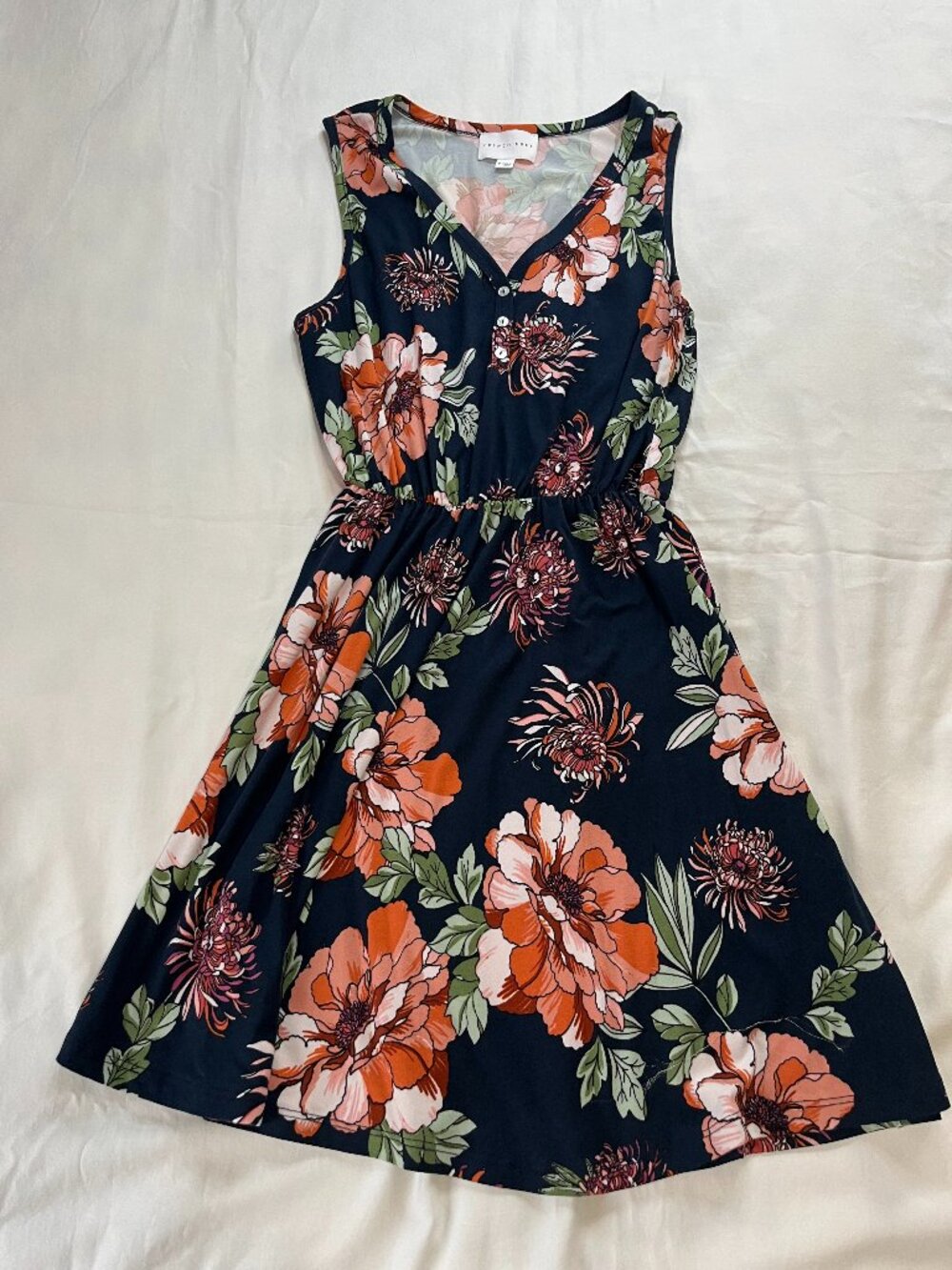 French Grey Navy Floral Print Sleeveless Dress